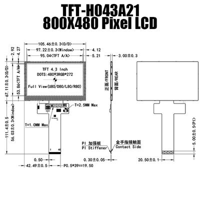480x272色4.3のインチTFT LCDの表示モジュールの日光読解可能なTFT-H043A21WQISTKN40