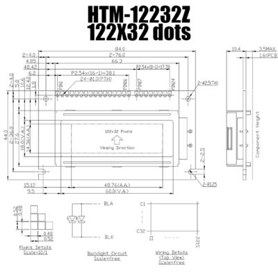 122X32白いバックライトHTM12232Zが付いている写実的なLCDモジュールSTNの表示