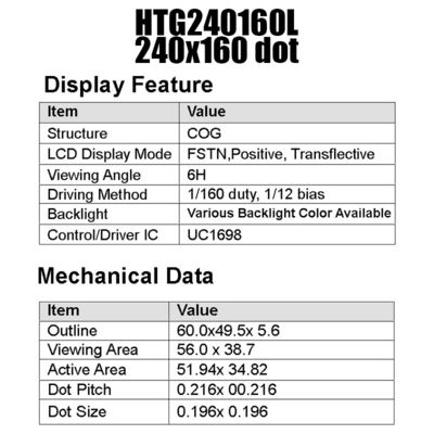 側面の白いバックライトHTG240160Lが付いている18PIN 240x160のコグLCDモジュールUC1698