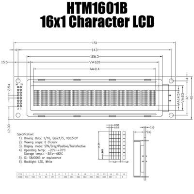 16x1モノクロLCDの表示モジュール、S6A0069小さいLCDのモジュールHTM1601B