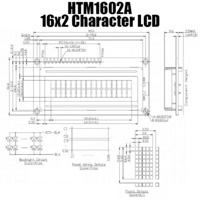 16x2 16PINの特性LCDモジュール中型STNの黄色緑HTM1602A