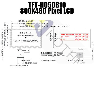 実用的な5インチRGB TFTの表示、IC ST7262の日光の読解可能な表示TFT-H050B10SVISTKN50